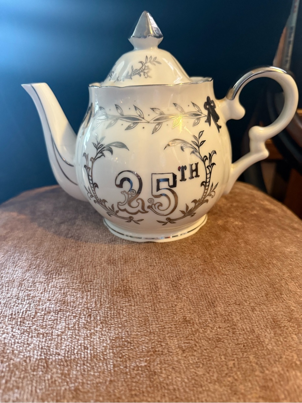Lefton China 25th Anniversary Decorative White and Silver Teapot Music-box